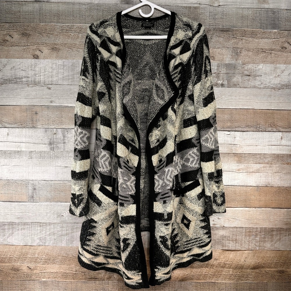 Lucky Brand Womens Southwestern Geometric Open Front Knit Cardigan Black Ivory L